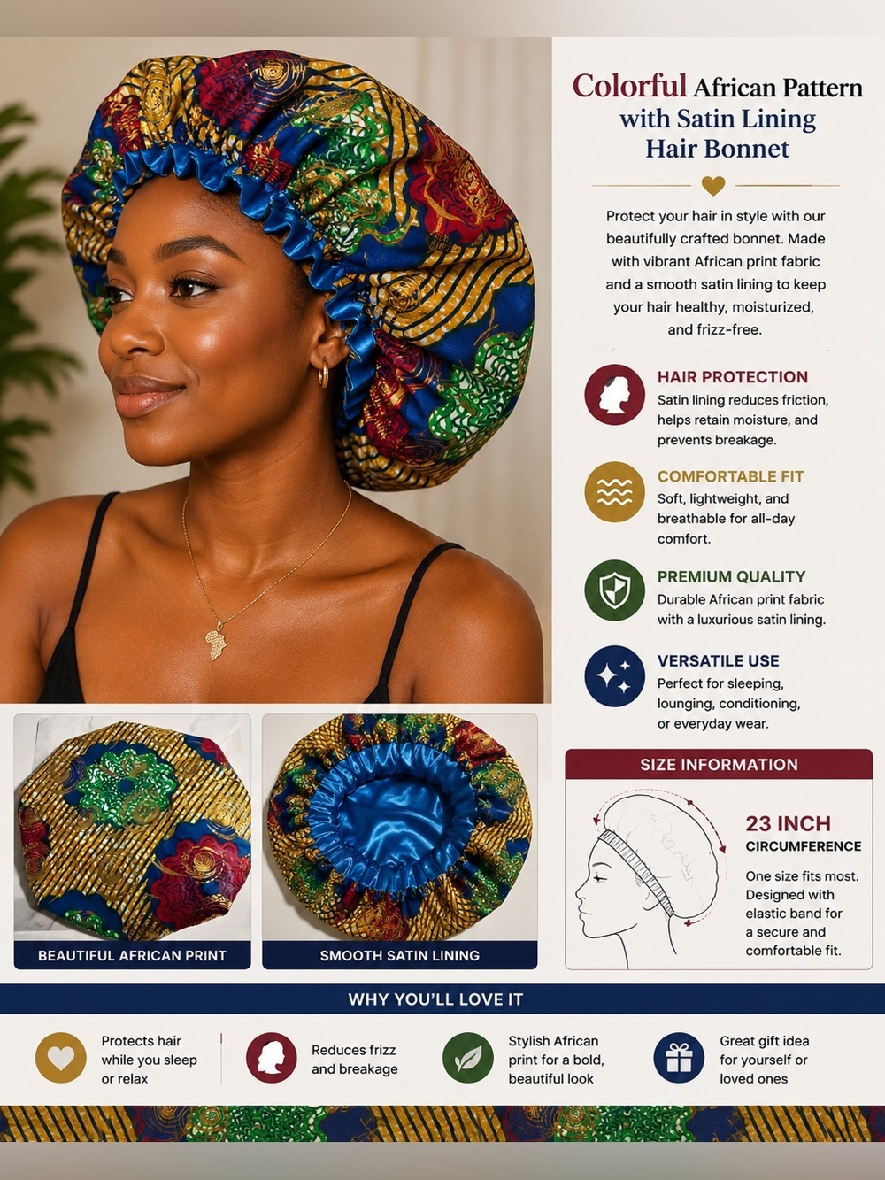 Colorful African pattern with Satin lining Hair Bonnet